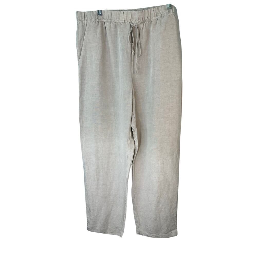 H & M beige linen/blend pull-on pants elastic straight-leg relaxed look Large